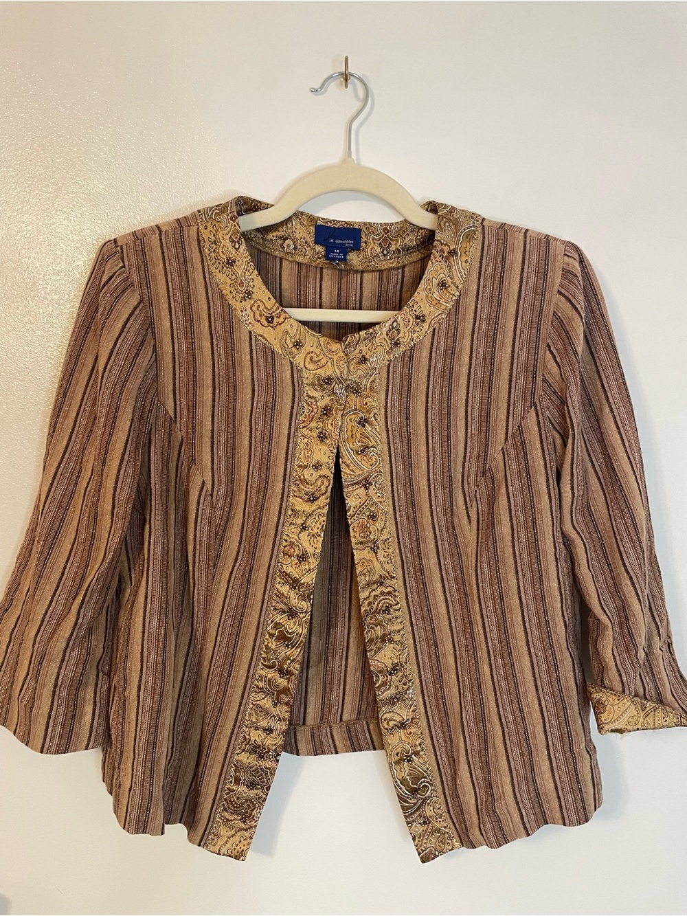JH Collectibles Striped Cropped Jacket B005 Gold Embroidered Trim Tan Brown Boho